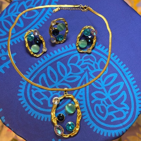 Gold & Colorful Gemstone Jewelry Set – Earrings, Ring & Necklace - Picture 6 of 8